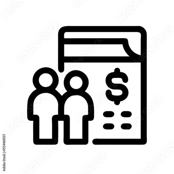Obraz Black line icon of two people standing beside a financial document with a dollar sign, representing family budget planning or expense tracking.
