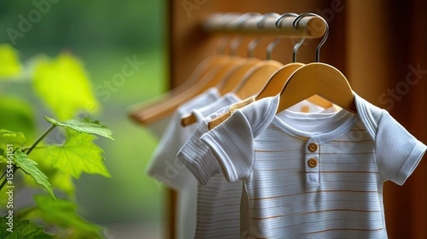 Obraz Baby clothing hangs on a rack, bright greenery behind blurred window