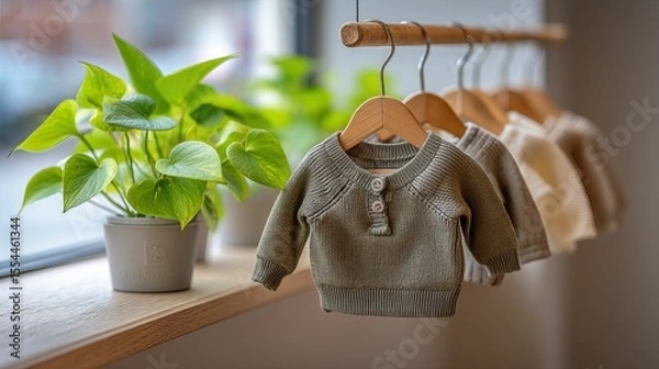 Obraz Baby clothes on hangers by a window with a potted plant in soft light