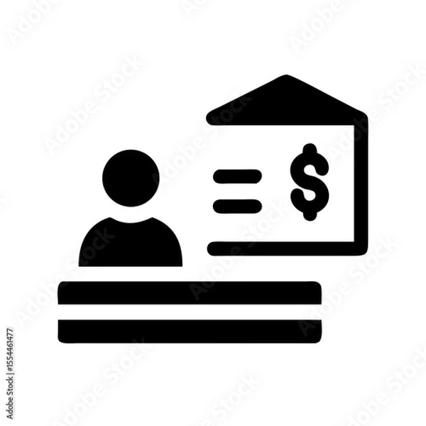 Obraz Black icon showing a person in front of a bank symbol with a dollar sign, representing personal banking, account management, or finance.
