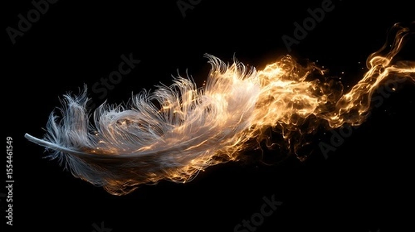 Fototapeta White Feather Ablaze Artistic Rendering of a Feather Transforming into Flames Against Black Backdrop