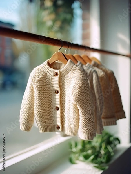 Obraz Cream-colored knit toddler cardigans hang on a wooden rod by a bright window