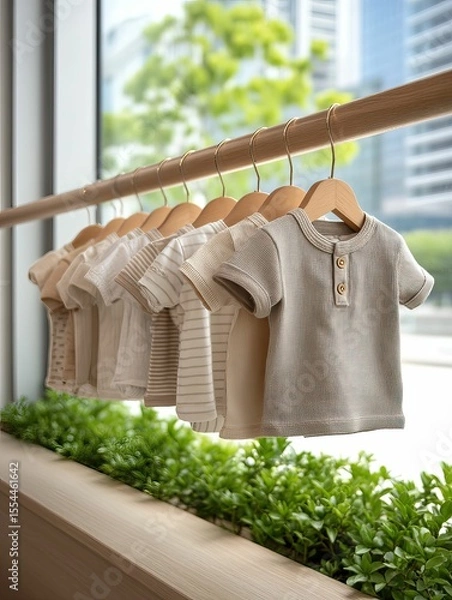 Obraz Soft-toned baby tees hung on a rail with greenery and a cityscape backdrop