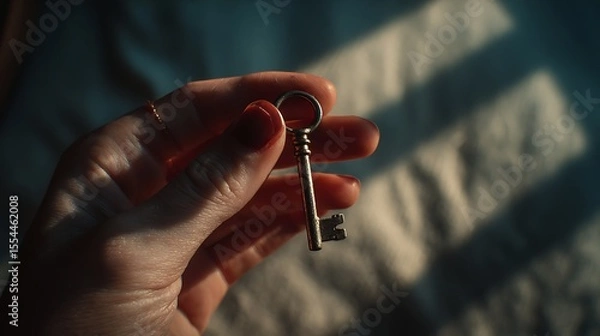 Fototapeta Woman's Hand Holding an Antique Key Illuminated by Sunlight with Shadow Patterns