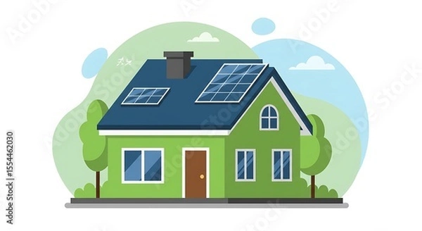 Fototapeta A vibrant illustration of a green, eco-friendly house with solar panels on its roof, surrounded by trees under a bright sky, symbolizing sustainable living.