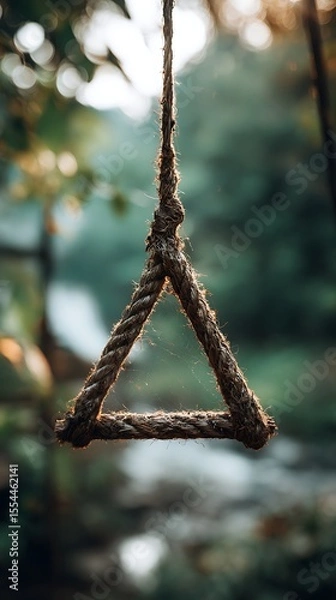 Fototapeta Worn Triangle Rope Swing Hanging in Serene Forest with Soft Bokeh Background