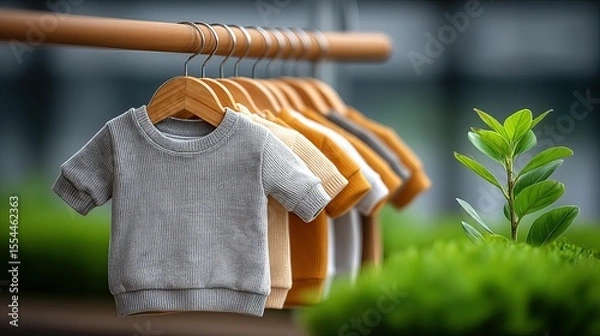 Obraz Line of small, colorful sweaters hanging on wooden hangers with greenery