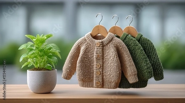 Obraz Three small cardigans on hangers sit by a potted plant on a wooden surface