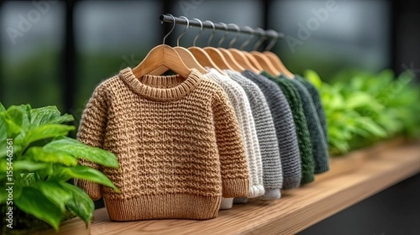 Obraz Knitted sweaters on wooden hangers displayed with lush green plants