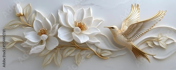 Obraz Embossed white flowers and a golden bird on a white marble background