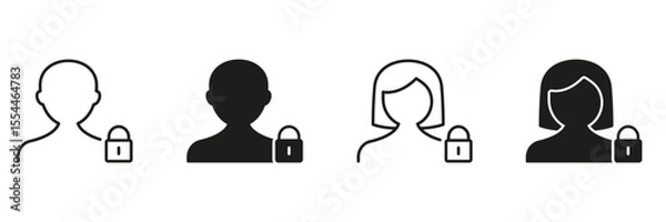 Fototapeta User Profile Privacy Lock Icon Set. Personal Data Security And Confidentiality Outline And Silhouette Symbol Collection. User Protection And Privacy Assurance. Isolated Vector Illustration