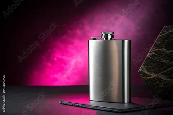Fototapeta Stainless steel flask on dark surface with pink and purple gradient background metal