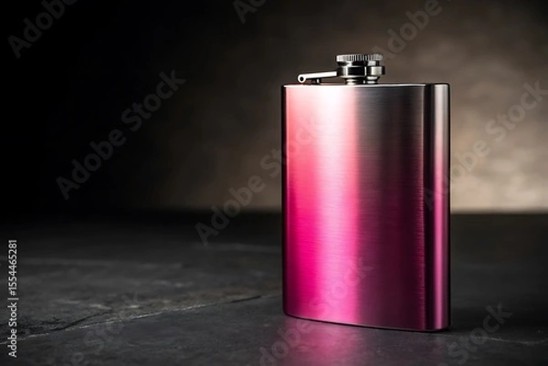 Fototapeta Stainless steel flask with pink gradient on a dark textured surface and background