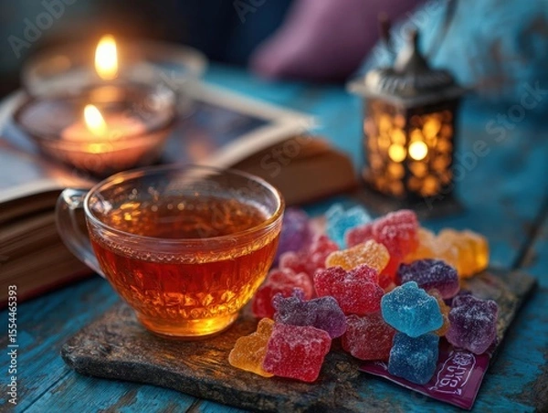 Fototapeta Show a calming setting with gummy packet, book, candle, tea