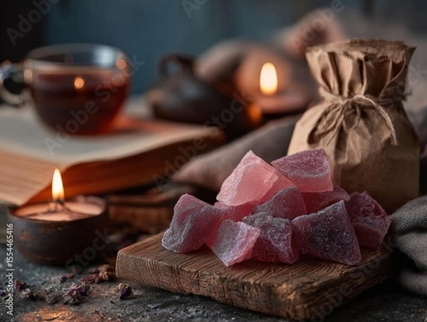 Fototapeta Show a calming setting with gummy packet, book, candle, tea