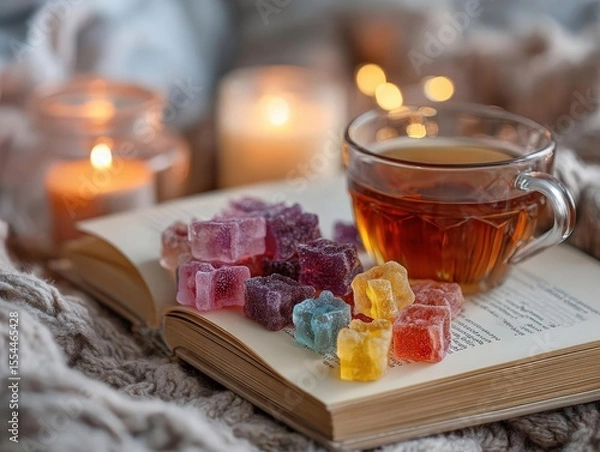 Fototapeta Show a calming setting with gummy packet, book, candle, tea