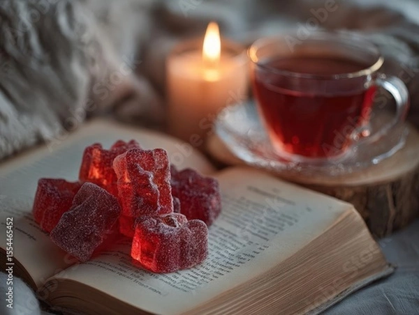 Fototapeta Show a calming setting with gummy packet, book, candle, tea