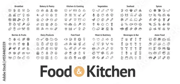 Fototapeta Food and Kitchen Sign Black Thin Line Icon Set Include of Bakery, Pastry, Vegetable, Seafood, Spice and Fruit. Vector illustration of Icons