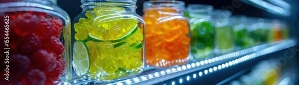 Fototapeta Showcase, CBG gummies, Illuminated shelf, Health store setting
