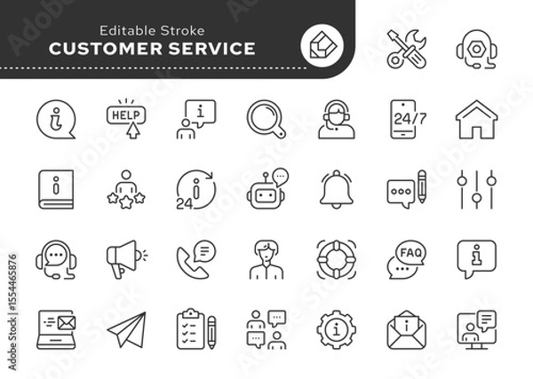 Obraz Customer service line icon set. Support, online help, assistance, 24 hrs, operator, question, info and more. Outline vector icon in linear style. Pictogram collection	