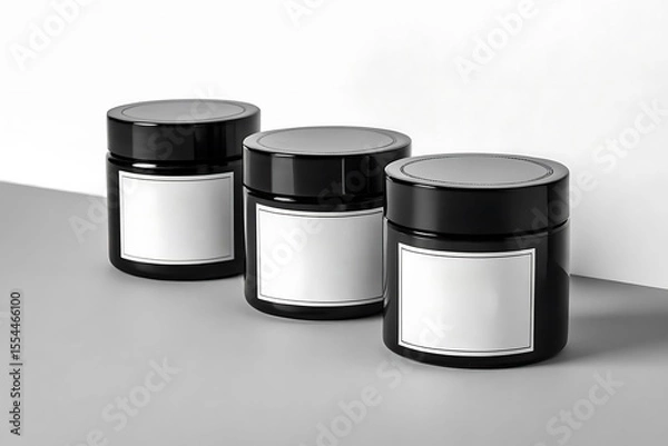 Fototapeta Three black cosmetic jars with blank white labels arranged on a gray surface against white backdrop