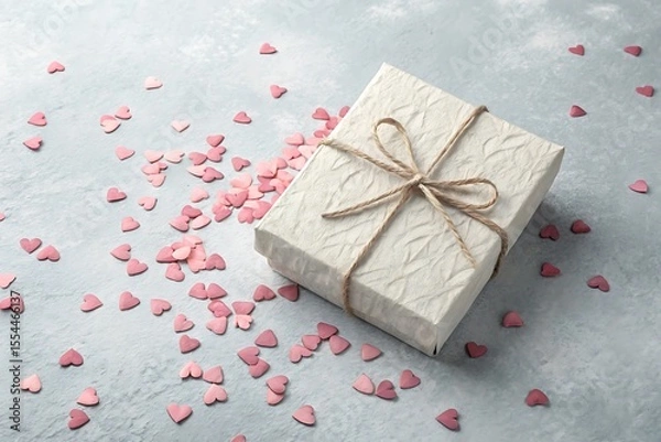 Fototapeta Textured paper gift box tied with twine and scattered pink heart confetti on a gray surface