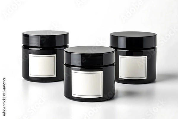 Fototapeta Three black cosmetic jars with blank white labels on a white surface studio product shot