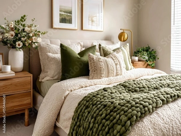 Fototapeta Transform a room with a boucle bed, brass bedside table, and botanical greenery from an unexpected angle