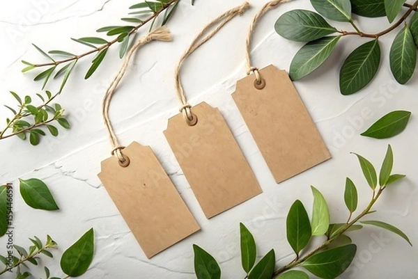 Fototapeta Three blank craft paper tags with jute string and green leaves on a white textured surface