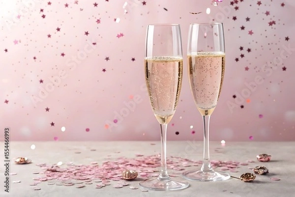 Fototapeta Two champagne flutes with sparkling wine against a pink background with confetti and stars