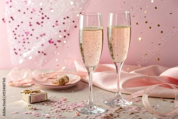Fototapeta Two champagne flutes with sparkling wine on a table with confetti and decorations