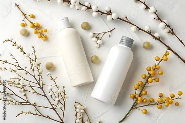 Fototapeta Two white cosmetic bottles with natural branches and yellow berries on a textured white surface