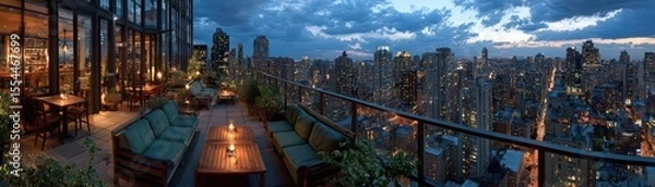 Fototapeta Witness a panoramic view of a bustling city skyline from a rooftop bar, capturing the vibrant lights and energy of urban life