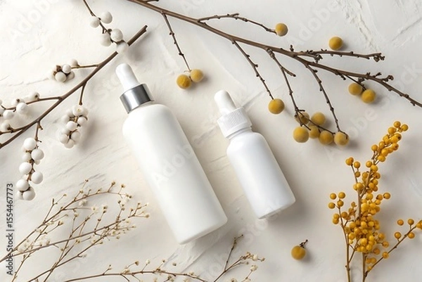 Fototapeta Two white dropper bottles with silver caps and natural branches on a textured white surface