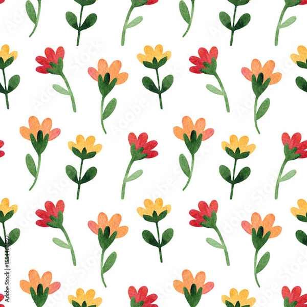 Fototapeta Seamless pattern of naive hand drawn bright red, orange, yellow flowers. Minimal floral background