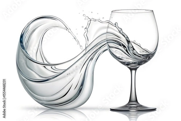 Fototapeta Wine Glass with Flowing Water Splash and Abstract Fluid Swirl on White Background