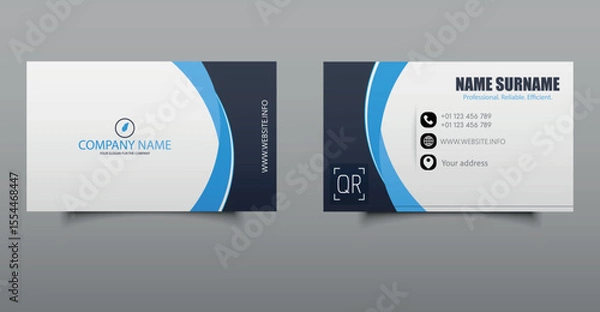 Obraz Visiting card. Modern Corporate Business Card Template. Professional business card template featuring a clean layout with blue accents, QR code, and contact icons. Ideal for corporate branding.