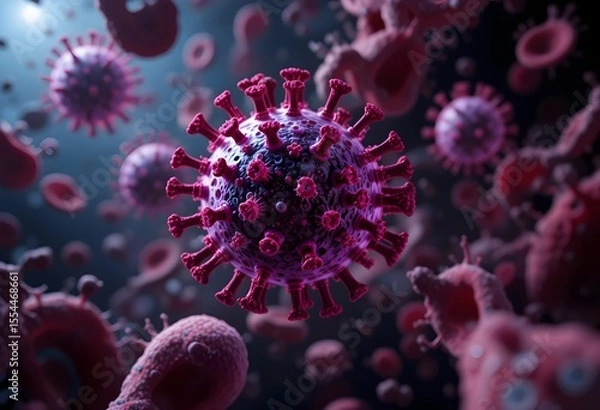 Obraz HIV Virus in Bloodstream – Medical 3D Illustration.Human Immunodeficiency Virus Flowing in Blood – Scientific Visualization.