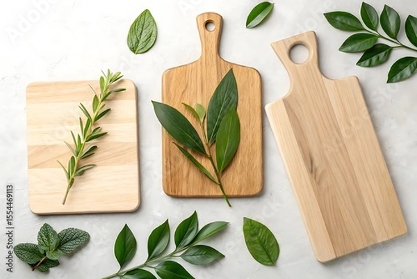 Fototapeta Wooden cutting boards with green leaves arranged on a light textured surface overhead view