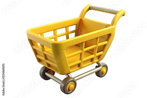 Fototapeta Yellow plastic shopping cart illustration with gray wheels and handle isolated on white background