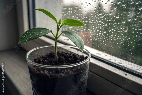 Fototapeta Young plant in clear pot with water droplets on leaves near a rain-covered window