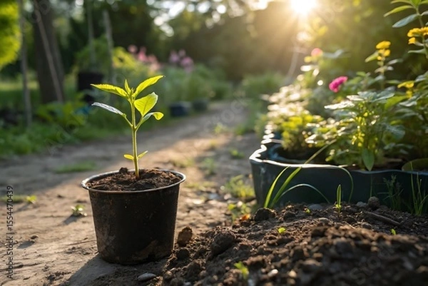 Fototapeta Young plant seedling in a black pot with soil in a garden setting sunlight shining