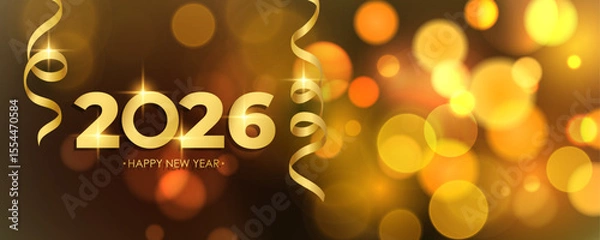 Obraz 2026 Happy New Year celebration background. Gold ribbons and bright blurred bokeh lights. Vector illustration.	