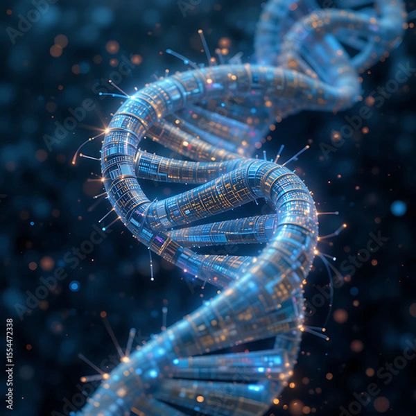 Fototapeta Fractal DNA helix illustrating scientific concepts in a swirling, starry blue and black space
