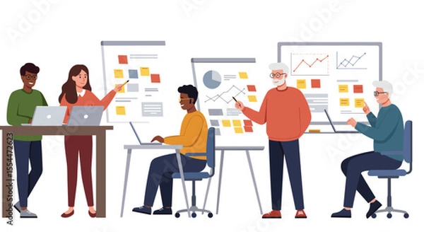 Fototapeta Business team meeting concept: flat vector illustration for office collaboration and strategy development