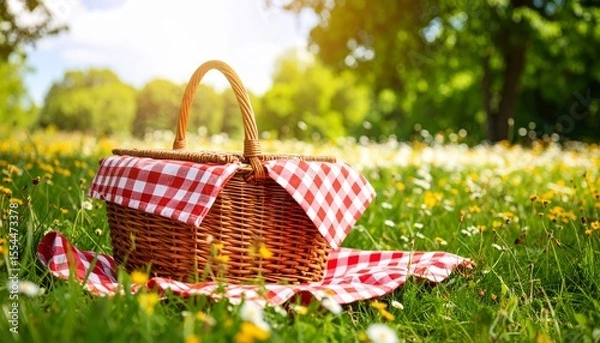 Fototapeta A wicker picnic basket filled with fruit and flowers on the green grass in summer