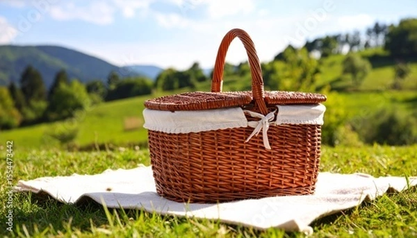 Fototapeta wicker picnic basket brimming with red apples and colorful flowers rests on the green grass, inviting a summer outdoor feast