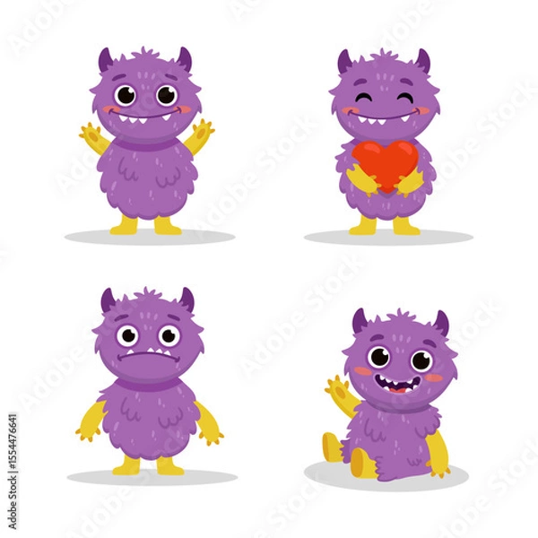 Fototapeta set of cute cartoon monster with heart on white background. Happy Alien. Funny purple monster in flat style. Vector illustration.