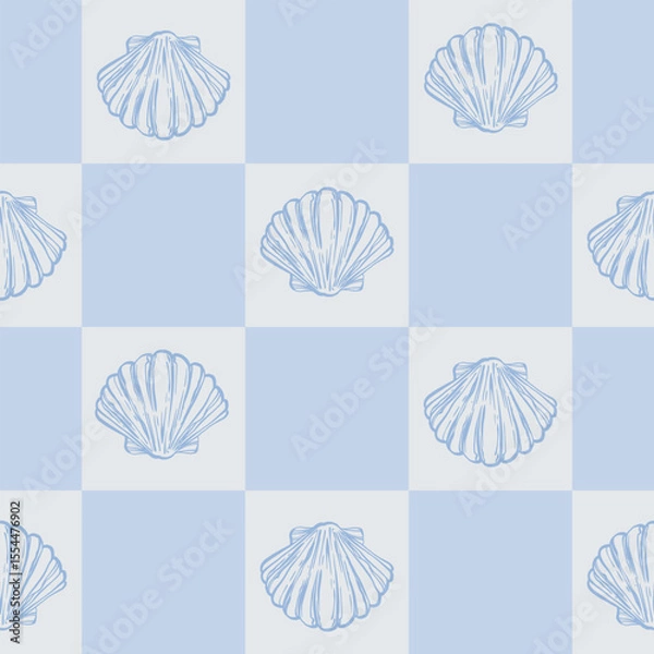 Fototapeta Coastal Seamless pattern with Seashells on Blue Checkered Background. La dolce vita themed inspired by Summer Italian aesthetic. Vintage Marine, feminine, coquette design in charming girly style