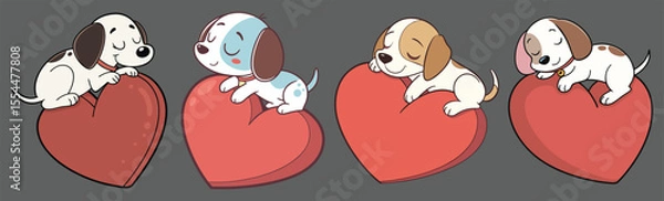 Fototapeta A cute baby dog animal sleeping on read heart. Adorable sleeping puppies on hearts simple flat design vector.